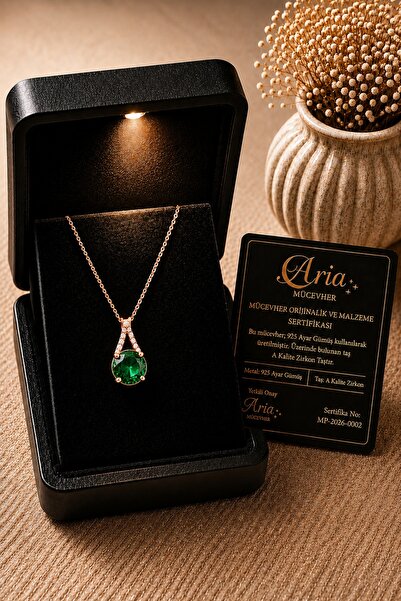 eva'sjewellery diamond Zümrüt Taşlı Kolye 925 Ayar Gümüş, 18 Ayar Gerçek Altı...