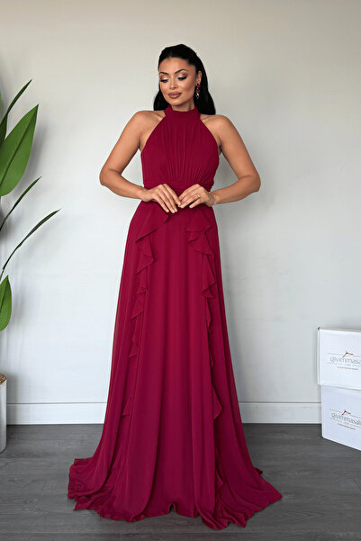 giyimmasalı Chiffon Fabric Halter Neck Dress with Flounce Detail - Bordo