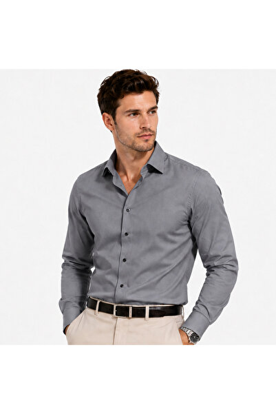 AYG Erkek Koyu Gri Gömlek Slim Fit Uzun Kollu Klasik Yaka Modern Kesim Özel P...