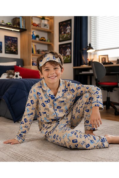Novella18 Erkek Çocuk Oyun Konsolu Desenli Uzun Kollu Pamuklu Düğmeli Pijama Takımı