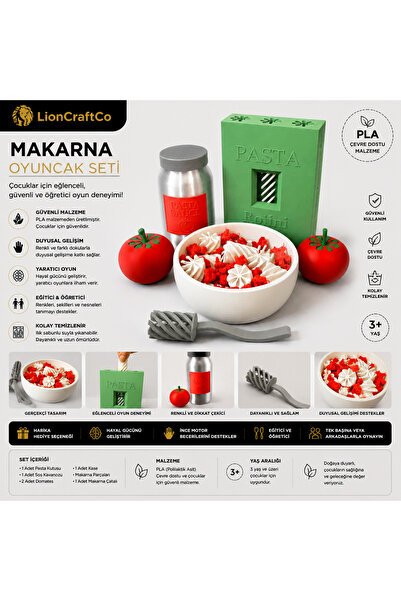 LionCraftCo Makarna Oyuncak Seti | Montessori Eğitici Mutfak Oyuncağı | PLA 3...