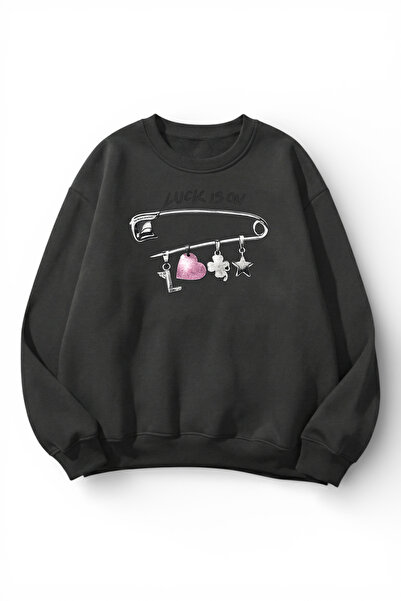 uyguntarz Unisex Soft Textured Luck Printed Design Oversize 3 Thread Crew Nec...