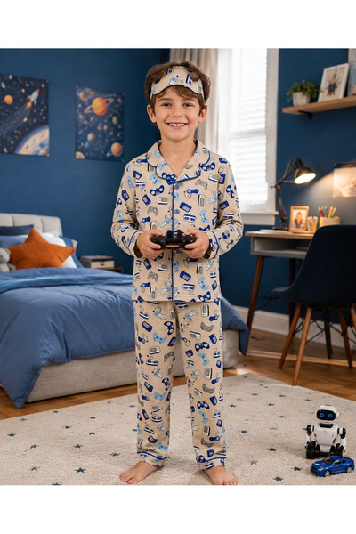 Novella18 Erkek Çocuk Oyun Konsolu Desenli Uzun Kollu Pamuklu Düğmeli Pijama ...