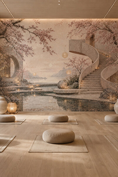 dreamwall Sakura Rüyası- Merdivenli Havuz Manzarası Temalı Tek Parça Tekstil Duvar Kağıdı