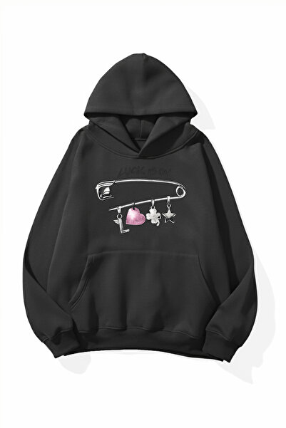 uyguntarz Unisex Soft Textured Luck Printed Design Oversize 3 Thread Hoodie S...