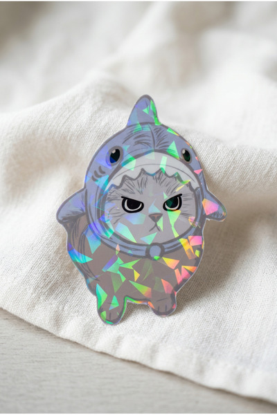 Plumie Shark Cat Hologramlı Laminasyonlu Sevimli Kedi Sticker – Laptop, Defte...
