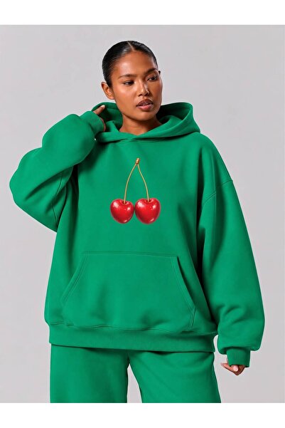 BENROMA 3 Yarn Combed Cotton Cherry Printed Plus Size Unisex Sweatshirt Mq3