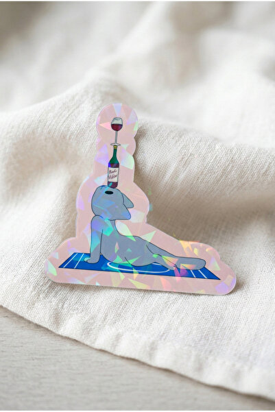 Plumie Yoga Yapan Kedi ve Şarap Hologramlı Laminasyonlu Eğlenceli Sticker – L...