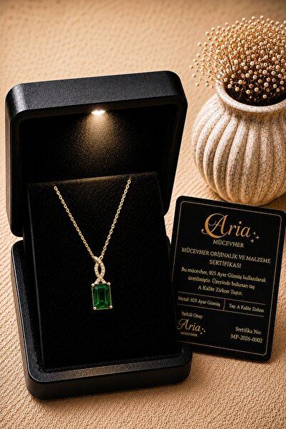 eva'sjewellery diamond Zümrüt Taşlı Kadın Kolye, 925 Ayar Gümüş 18 Ayar Gerçe...
