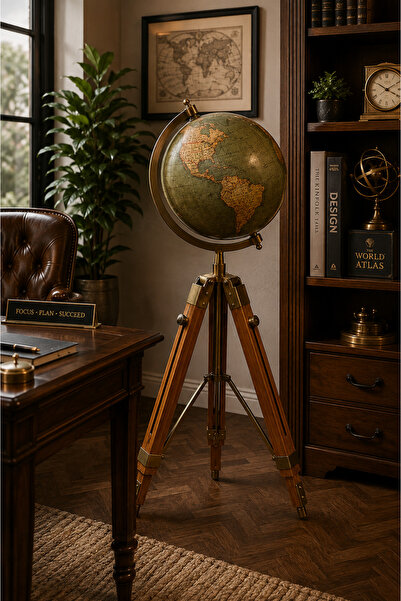 AYDINARTSHOP Ahşap Tripod Ayaklı Dekoratif Dünya Küre – Yeşil Vintage Büyük B...