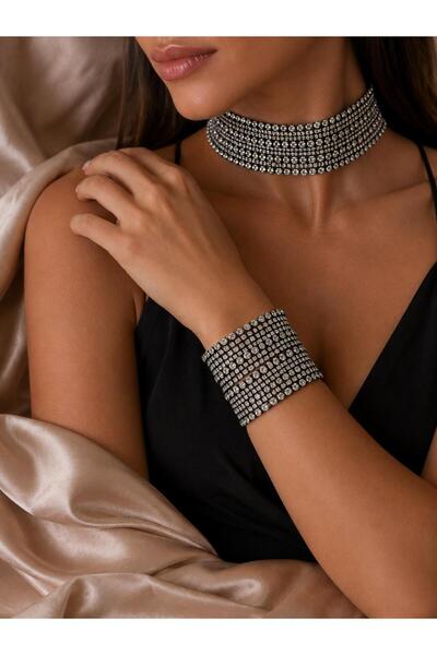 Valmont Kristal Taşlı Choker Kolye ve Bileklik Seti – Çok Sıralı Işıltılı Kad...