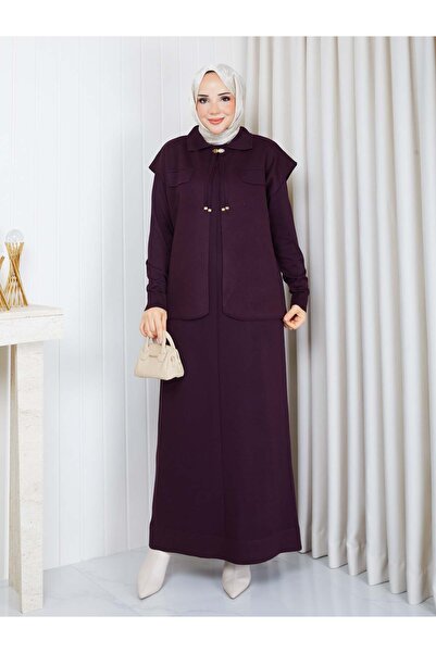 PAVENTİ Full Length Stylish Knitwear Suit with Vest in Plum Color