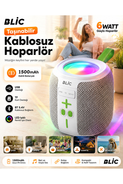 Blic BLS-88 6W Bluetooth Hoparlör, LED Işıklı, Taşınabilir, USB & TF Kart Des...