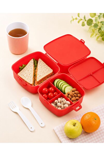 Lumindra Red, 4-Compartment, 2-Tier Lunch Box with Built-In Fork and Spoon