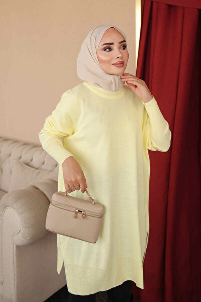 İmajButik Limon Sarısı Bisiklet Yaka Merserize Salaş Triko Tunik