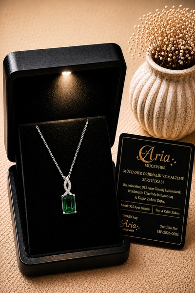 eva'sjewellery diamond Zümrüt Taşlı Kadın Kolye, 925 Ayar Gümüş 18 Ayar Gerçe...