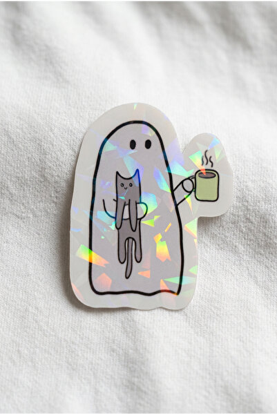 Plumie Çay İçen Hayalet ve Kedi Hologramlı Laminasyonlu Sevimli Sticker – Lap...