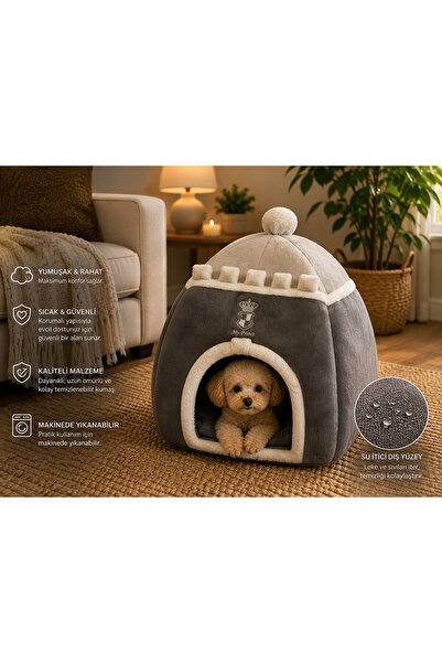 Trixie My Prince Kapalı Kedi & Köpek Yatağı | Sıcak ve Yumuşak Peluş Kulübe Yatak | Gri-Krem