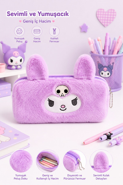 synshop Sevimli Kedi Mor Kuromiii Desenli Peluş Kalem Kutusu – Geniş Kapasite...