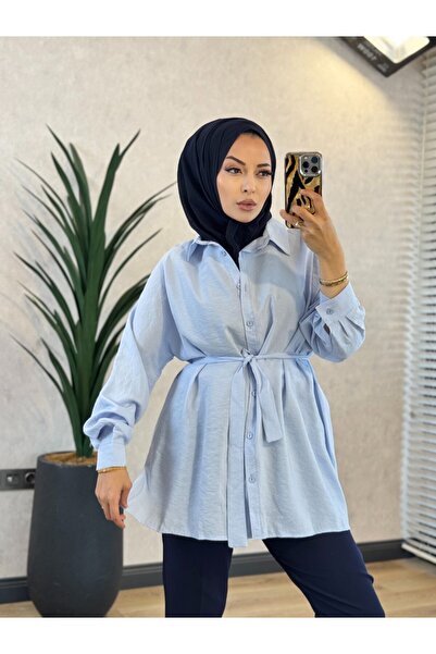 Nefise 250352 İstanbul Kuşaklı Gömlek Mavi