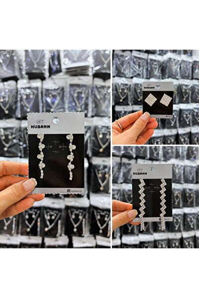 HUBANN Silver Color Stone 3 Pairs Women's Earring Set Dangle Long and Square ...