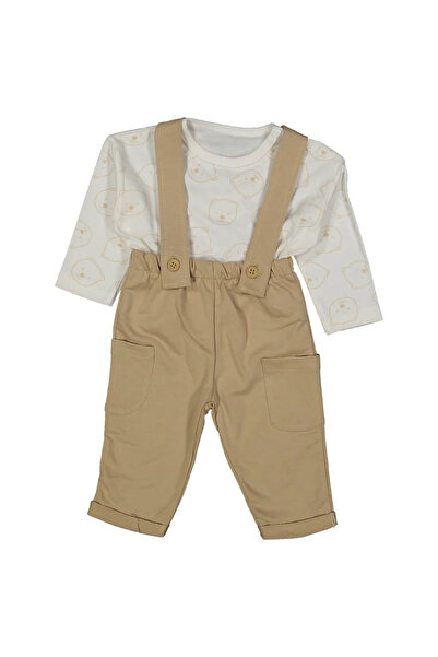 bebegen Baby Boy Ecru Brown Teddy Bear Printed Salopet Set