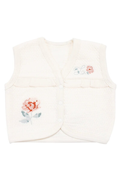 bebegen Baby Girl Ecru Cross-Stitched Rose Embroidered Ruffled Quilted Combed...