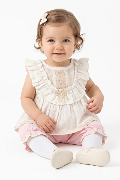 bebegen Baby Girl Ecru Pink Ruffled Scalloped Muslin 2-Piece Set