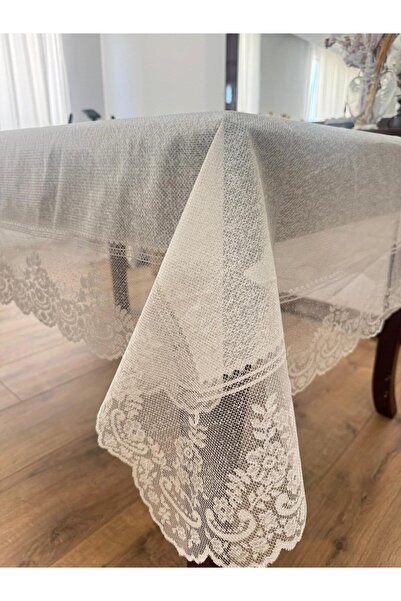 Çini Desenli Dertsiz Leke Tutmaz Dantelli Masa Örtüsü Krem 160x220 Cm