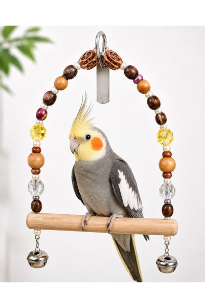 Baron Pet Kuş Salıncağı Orta Boy Ahşap Tünekli Boncuklu Çanlı Papağan Oyuncağı