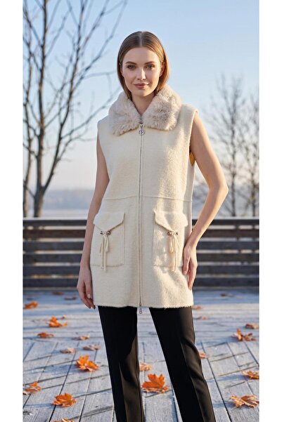 AYMİSS Fashionable Vest with Fur Collar, Zipper, Pockets and Accessories