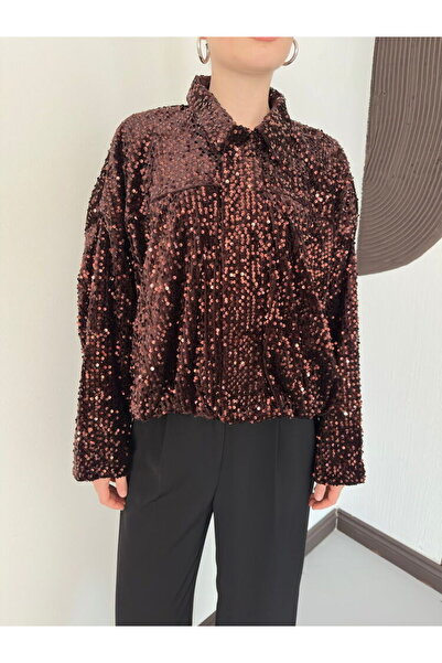 LOKADI Women's Sequin Detailed Oversized Sequin Shirt & Jacket - Sparkling Ni...