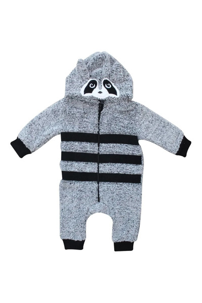 bebegen Panda Embroidered Hooded Gray Welsoft Jumpsuit