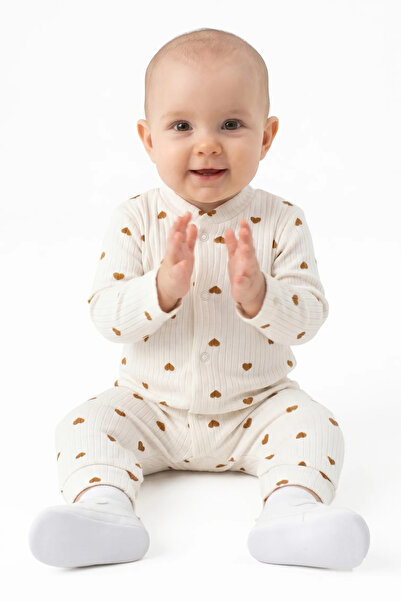 bebegen Baby Girl Ecru Brown Heart Patterned Snap-Cuff Jumpsuit