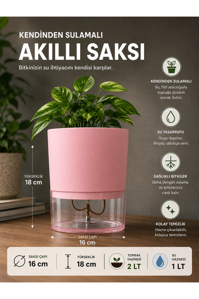 kolyosmarket Kendini sulayan akıllı saksı 2lt toprak hazneli 1lt su haznesi 1...