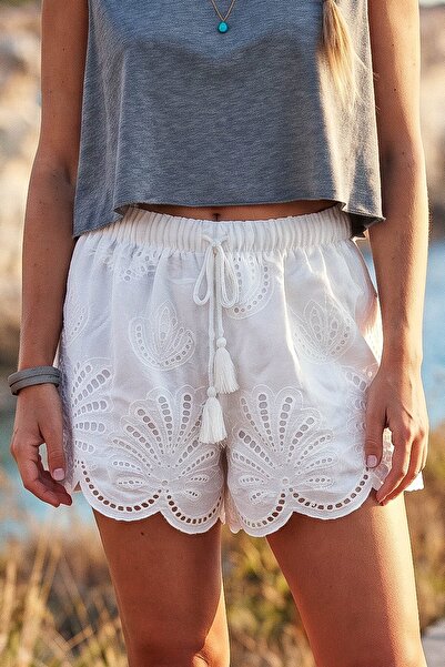 Chiccy Italian White Lined Tassel Tied Elastic Waist Casual Scalloped Woven B...