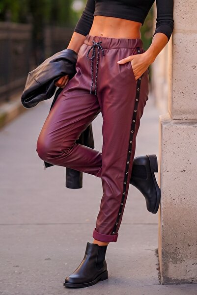 Chiccy Italian Burgundy Pocketed, Side Striped, Elastic Waist, Narrow Leg, Fa...