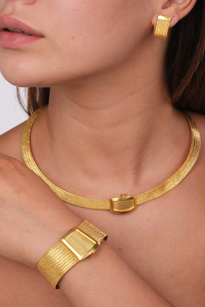 Silvano Jewelry 925 Ayar Gümüş Altın Kaplama Trabzon Hasır Set