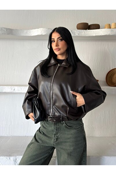 Bella Breeze Women's Zippered Belted Oversize Leather Jacket