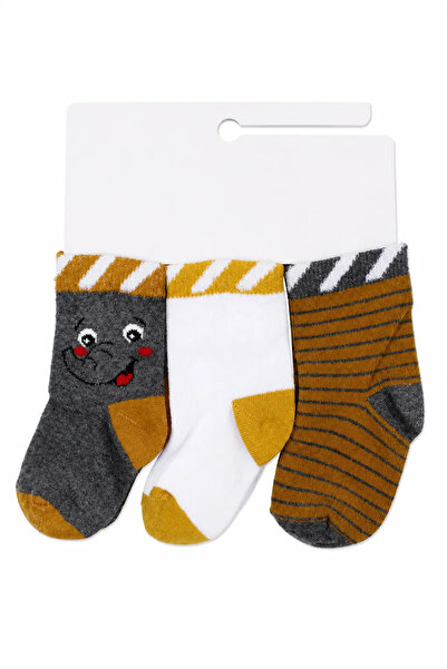 bebegen Baby Boy Gray Yellow Striped Smiling Elephant Patterned 3-Piece Socks...