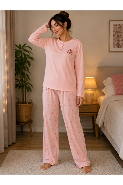 SERPİL Women's Powder Pink Leaf Patterned Pajama Set Long Sleeve Long Leg 2-P...