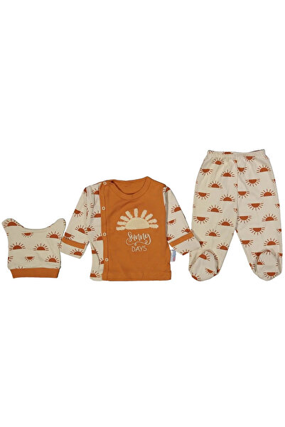 bebegen Unisex Ecru Orange Sun Printed Snap Fastener 3-Piece Pajama Set 0-3 M...