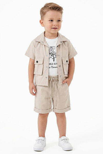bebegen Boy's Beige Pocketed Jacket and Shorts 3-Piece Set