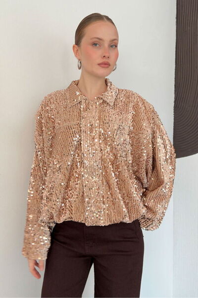 LOKADI Women's Sequin Detailed Oversized Sequin Shirt & Jacket - Sparkling Ni...
