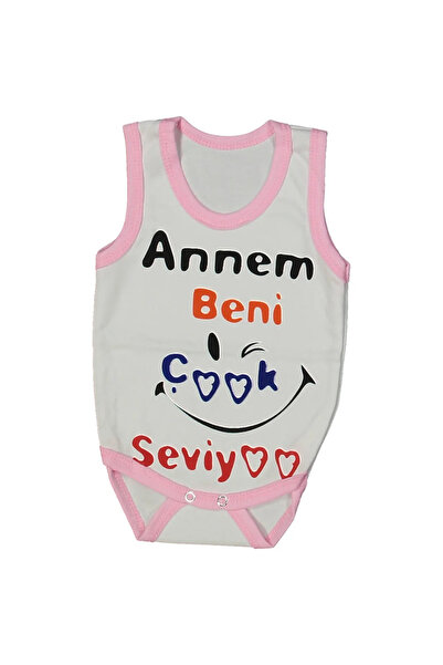 bebegen Baby Girl White Pink Piped Mom Loves Me Written Suspender Bodysuit