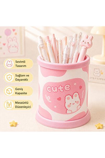 synshop Kawaii Pembe Cute Kalp Rabbit Tavşan Desenli Masaüstü Kalemlik Organi...
