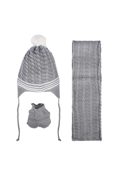bebegen Unisex Gray White Hair Knitted Patterned Knitwear Scarf Beanie Set