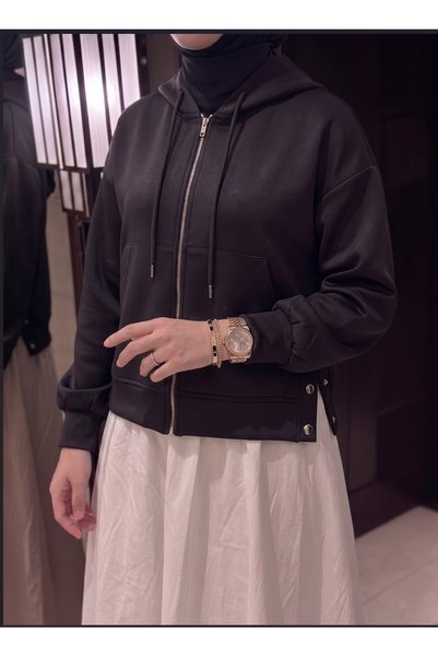 secret of VALORIA Kadın Fermuarlı Kapüşonlu Scuba Sweatshirt - Yanı Çıtçıtlı ...