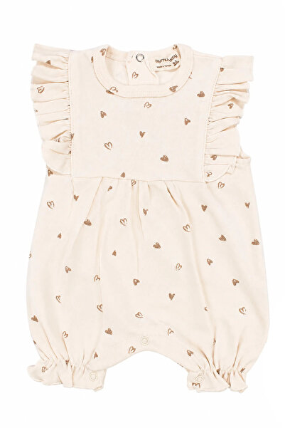 bebegen Baby Girl Ecru Brown Heart Patterned Frilly Short Jumpsuit 0-3 Months