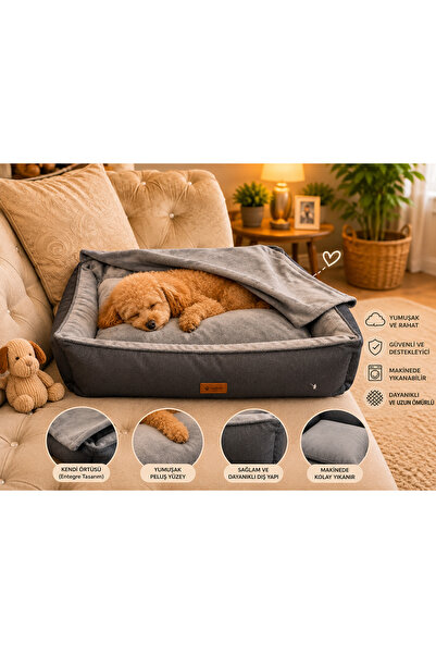 LEPUS Winter Bed Kendinden Örtülü Kedi ve Köpek Yatağı | Peluş Minderli Sıcak Kışlık Yatak | Antrasit-Gri